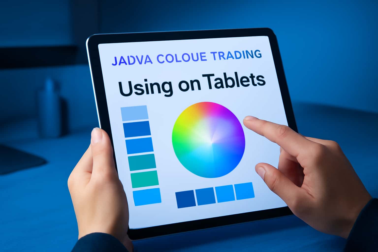 An informative scene illustrating the use of Jalwa Colour Trading on tablets.