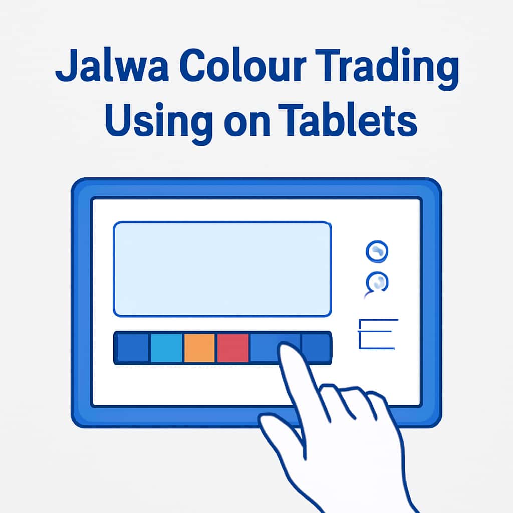 An educational illustration demonstrating features of Jalwa Colour Trading on tablets.